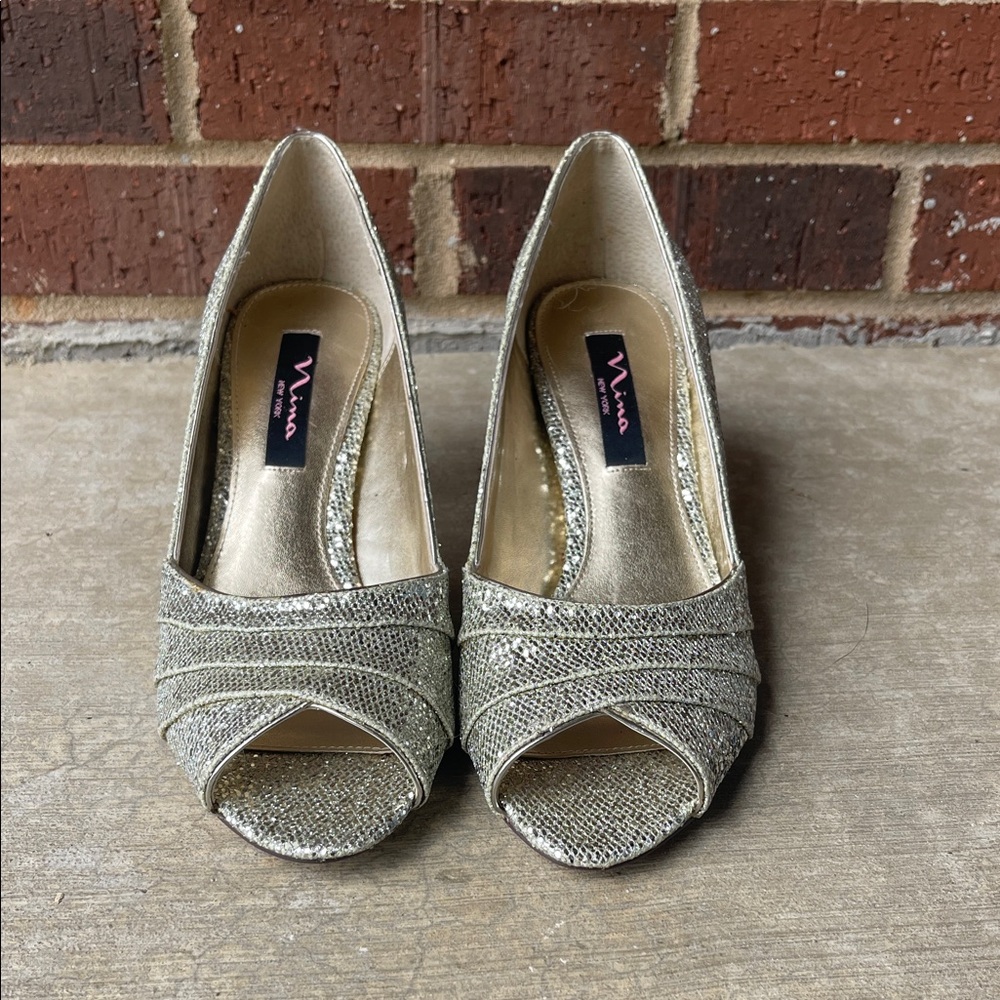 Nina Shoes Glittering Silver Peep-Toe Heels